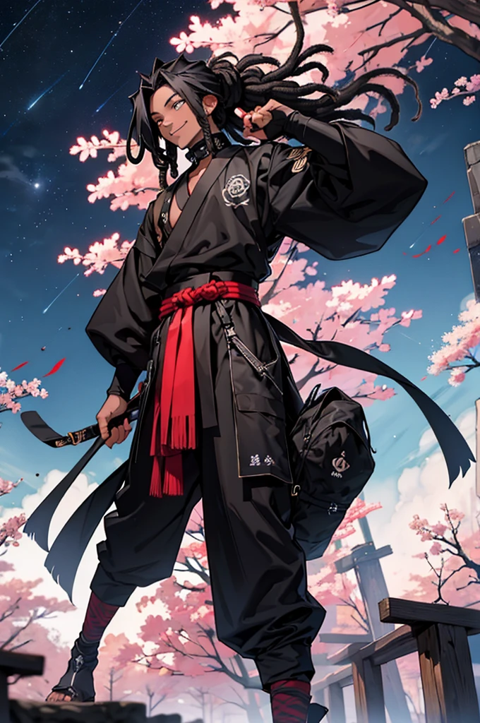 Young black male with black hair, dreadlocks, wearing a black haori with grey flames, grey eyes emotionless eyes, light smile, symbol on his neck, two kitanas on his hip, night sky background, sakura paddles falling in the background