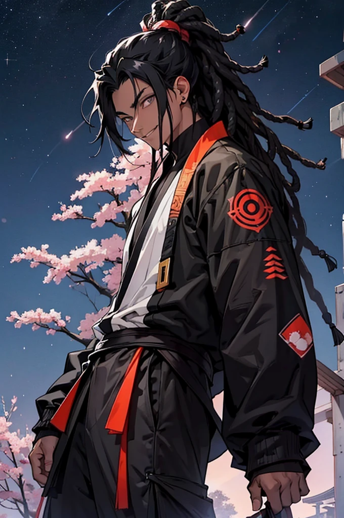 Young black male with black hair, dreadlocks, wearing a black haori with grey flames, grey eyes emotionless eyes, light smile, symbol on his neck, two kitanas on his hip, night sky background, sakura paddles falling in the background