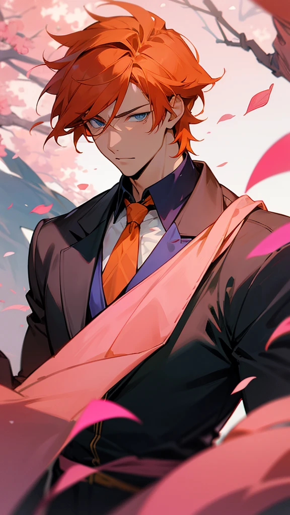 handsome anime man, masculine, with orange hair, blue colored eyes, with several pink trees behind, and rose petals falling.
