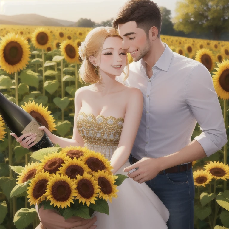 Couple celebrating a birthday in front of a champagne tower decorated with sunflowers