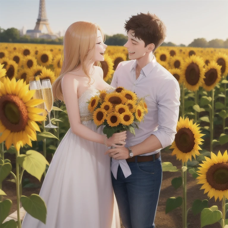 Couple celebrating a birthday in front of a champagne tower decorated with sunflowers