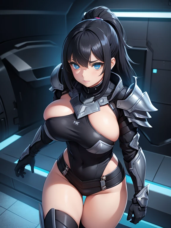 girl, With big breasts, with futuristic black armor, blue eyes, for white.