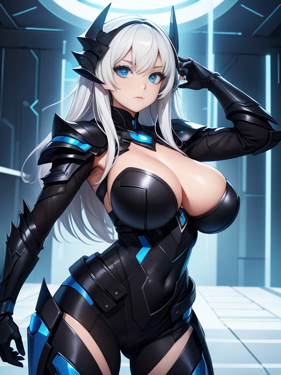 girl, With big breasts, with futuristic black armor, blue eyes, for white.