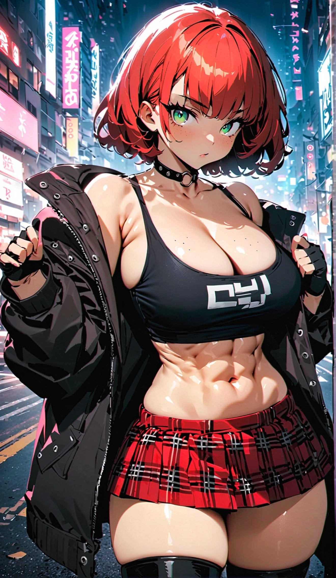 woman, curly red pixie cut hair, green eyes, wearing crop top black shirt, long black jacket, red plaid skirt, (black knee high boots), black fingerless gloves, exposed shoulders, large breasts, thick thighs, freckles, cleavage, abs, looking at viewer, masterpiece, best quality, an14, Holo-Punk Style, in the city