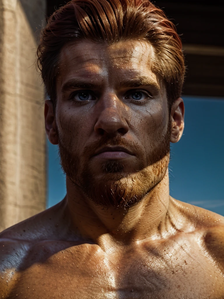 a red-haired male,messy hair,perfect body,perfect penis,naked,athletic,beautiful,greek god,chiseled abs,flawless skin,intense gaze,dynamic pose,photorealistic,highly detailed,8k,masterpiece,cinematic lighting,dramatic shadows,vivid colors,realistic anatomy
