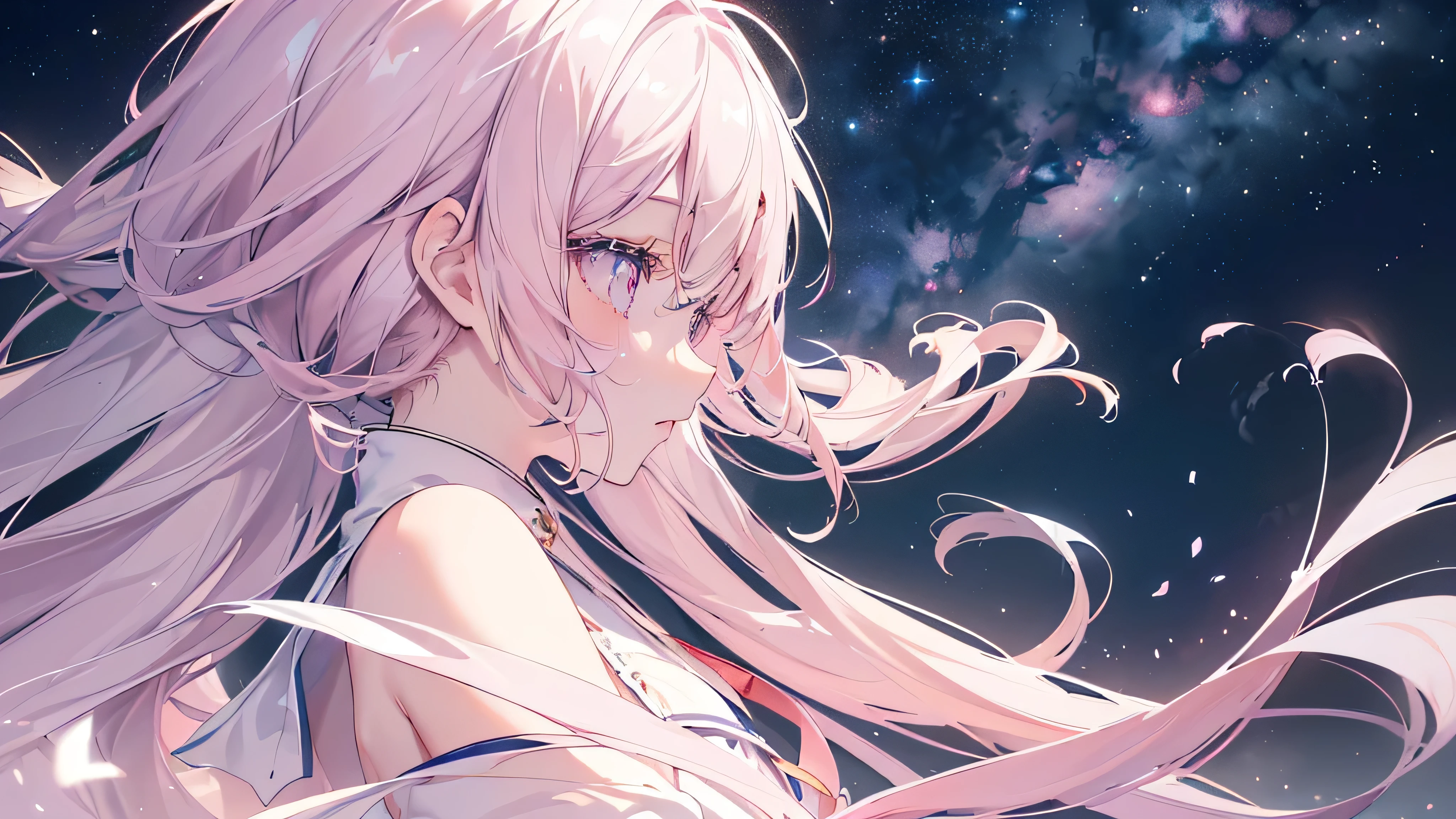 (Night Sky), ((Beautiful eyes)), (((profile))), (((Highest quality、masterpiece、Ultra-fine、Ultra-fine、Exquisite、16K、Full HD,high school girl))) 、Long eyelashes、White skin、(thin and long)、 ((cute)) ((One person)),Zoom out,(A magnificent composition、epic proportion)、(Pale pink lips、Pale pink cheeks、thin and long)、Dynamic lighting,