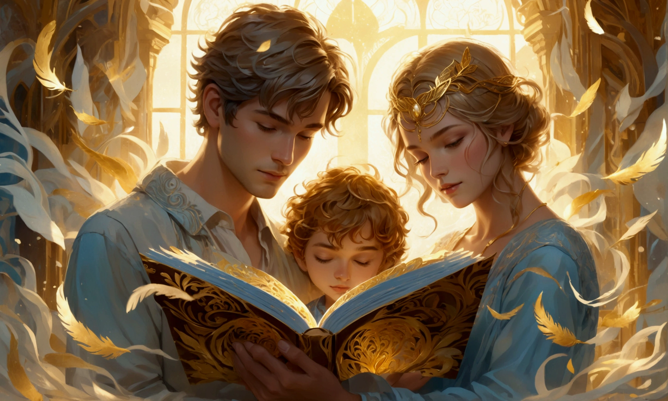a man holding a pop up book of golden pages with paper Cutting art of a family surrounded by golden feathers and magical symbols, the book emanates golden and blue light waves. The background and a burst of wind revolves the mist and colored fog of a room, thick wavy Brush strokes, Digital illustration. brush strokes, watercolor, golden rays, fantastic art, dreamy atmosphere, rainbow waves, Peaceful environment, close up, (best quality, masterpiece) intricate, gold patterns, 