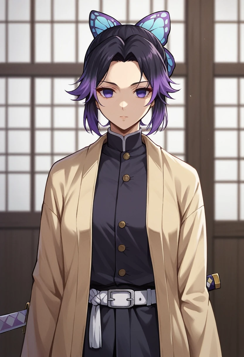 EFT_Shinobu, 1girl, kochou shinobu, demon slayer uniform, butterfly hair ornament, solo, hair ornament, weapon, sword, purple hair, multicolored hair, purple eyes, black hair, japanese clothes, gradient hair, haori, belt, katana, short hair, sheath, long sleeves, empty eyes, parted bangs, jacket, no pupils, bangs, white belt, blurry background, indoors, upper body, blurry