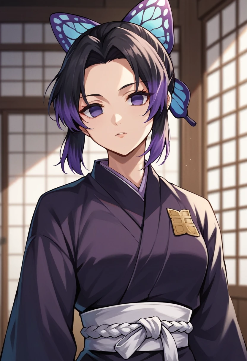 EFT_Shinobu, 1girl, kochou shinobu, demon slayer uniform, butterfly hair ornament, solo, hair ornament, weapon, sword, purple hair, multicolored hair, purple eyes, black hair, japanese clothes, gradient hair, haori, belt, katana, short hair, sheath, long sleeves, empty eyes, parted bangs, jacket, no pupils, bangs, white belt, blurry background, indoors, upper body, blurry