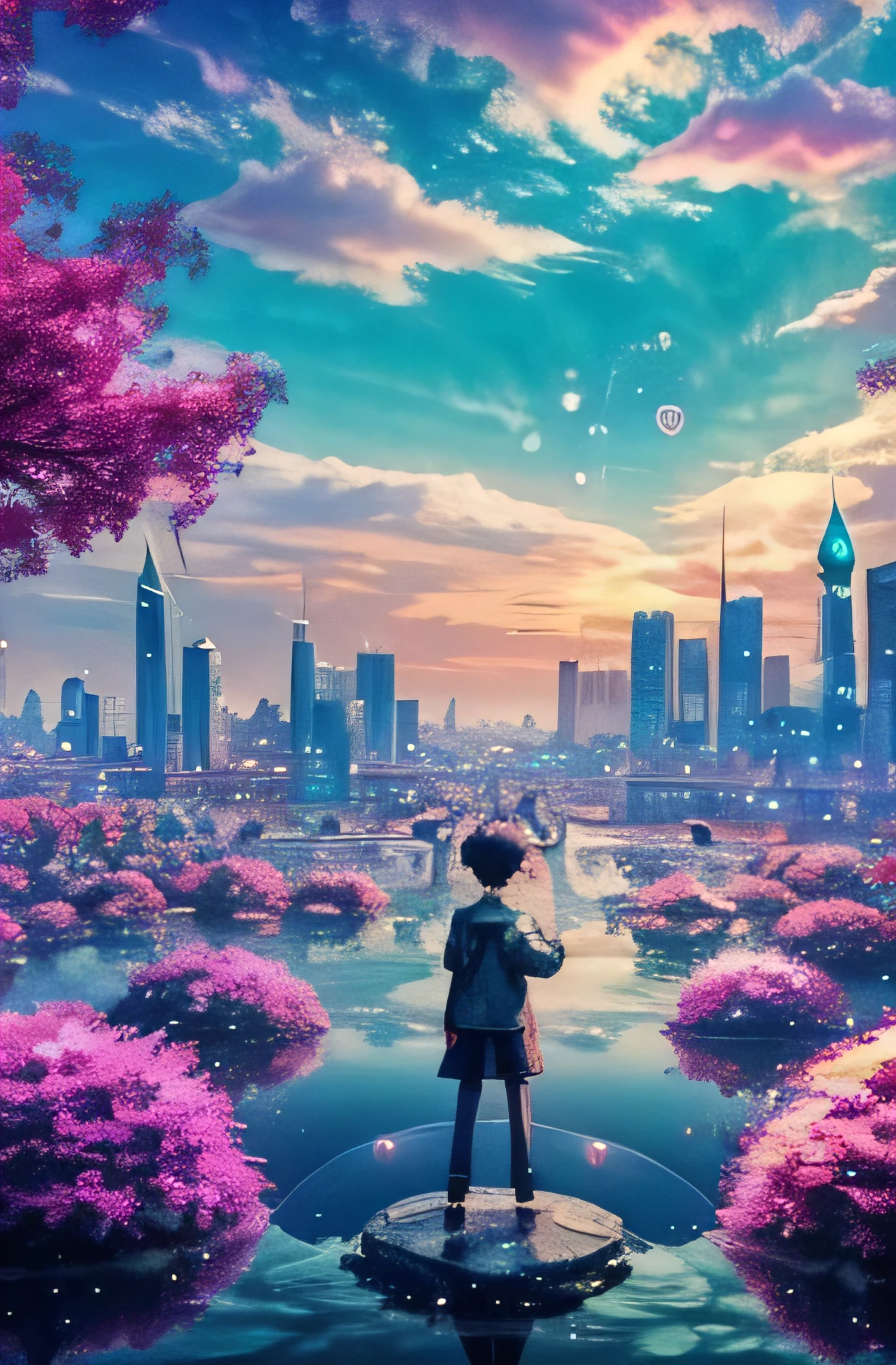 a boy standing in the middle of a city with bubbles floating in the air high detailed black hair, bubbly scenery, colorful anime movie background, floating bubbles, escaping air bubbles, anime background art, dreamy psychedelic anime, beautiful anime scene, beautiful anime scenery, anime background, bubbly underwater scenery, bubbles in the air.
