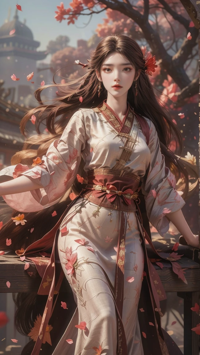 A beautiful woman with perfect curves wearing a long dress that gently flutters in the air,The beautiful woman was standing in a sea of beautiful flowers surrounding her, Chinese traditional, her flexible body increasing with every movement, So enchanting, the dim candlelight, the glowing butterflies fighting the darkness of the night, the light of the moon, The night wind blowing the curtains, the pink flower petals , flower petals flying around the room, Chinese dancing, This woman is so beautiful that she attracts everyone who watches her, ancient China, imperial empress