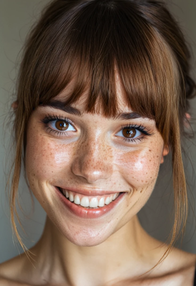 beautiful lady, (freckles), big smile, brown hazel eyes, Full Bangs, dark makeup, hyperdetailed photography, soft light, head and shoulders portrait, cover