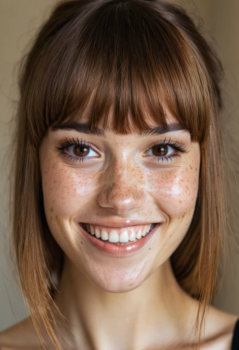 beautiful lady, (freckles), big smile, brown hazel eyes, Full Bangs, dark makeup, hyperdetailed photography, soft light, head and shoulders portrait, cover