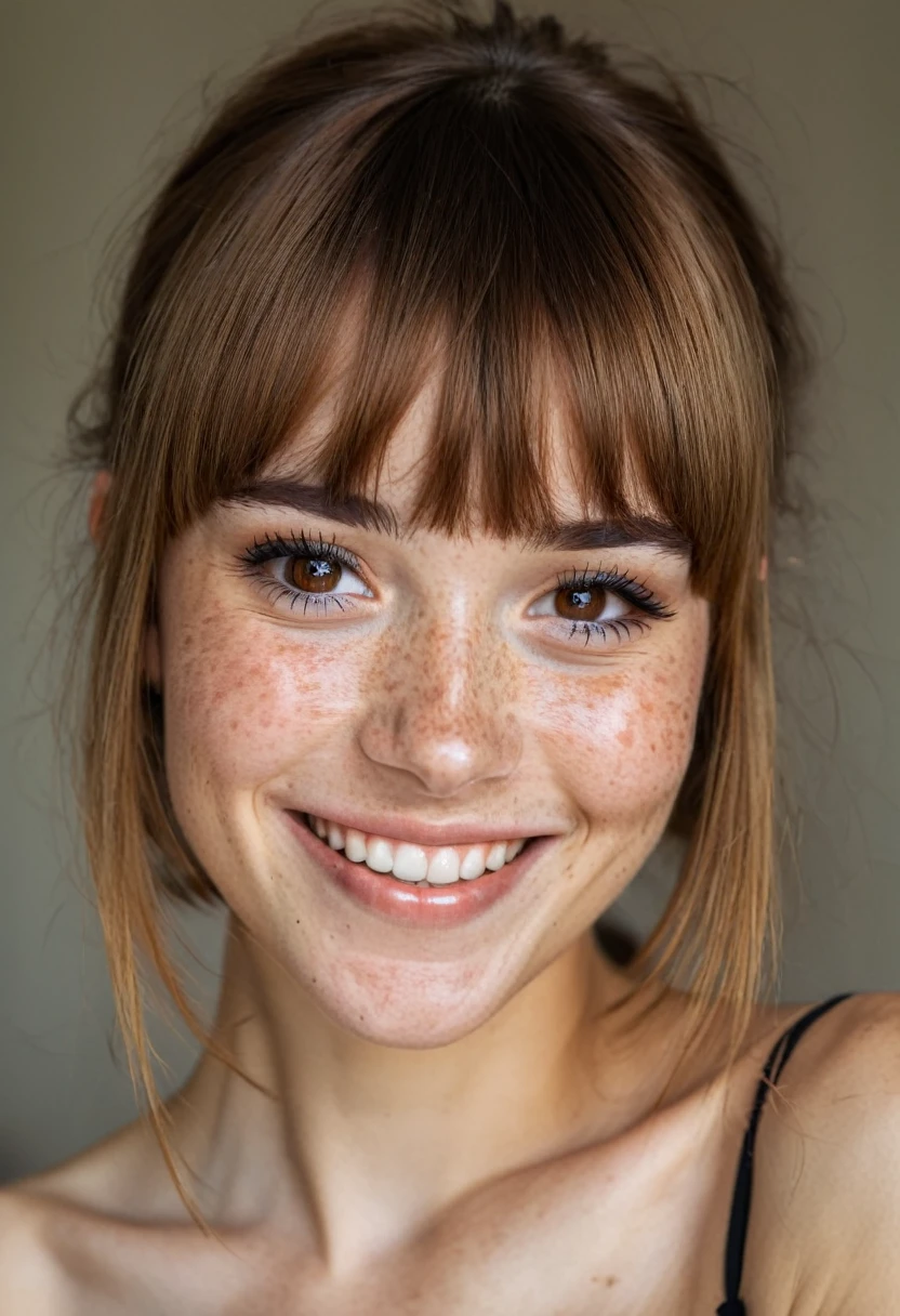 beautiful lady, (freckles), big smile, brown hazel eyes, Full Bangs, dark makeup, hyperdetailed photography, soft light, head and shoulders portrait, cover