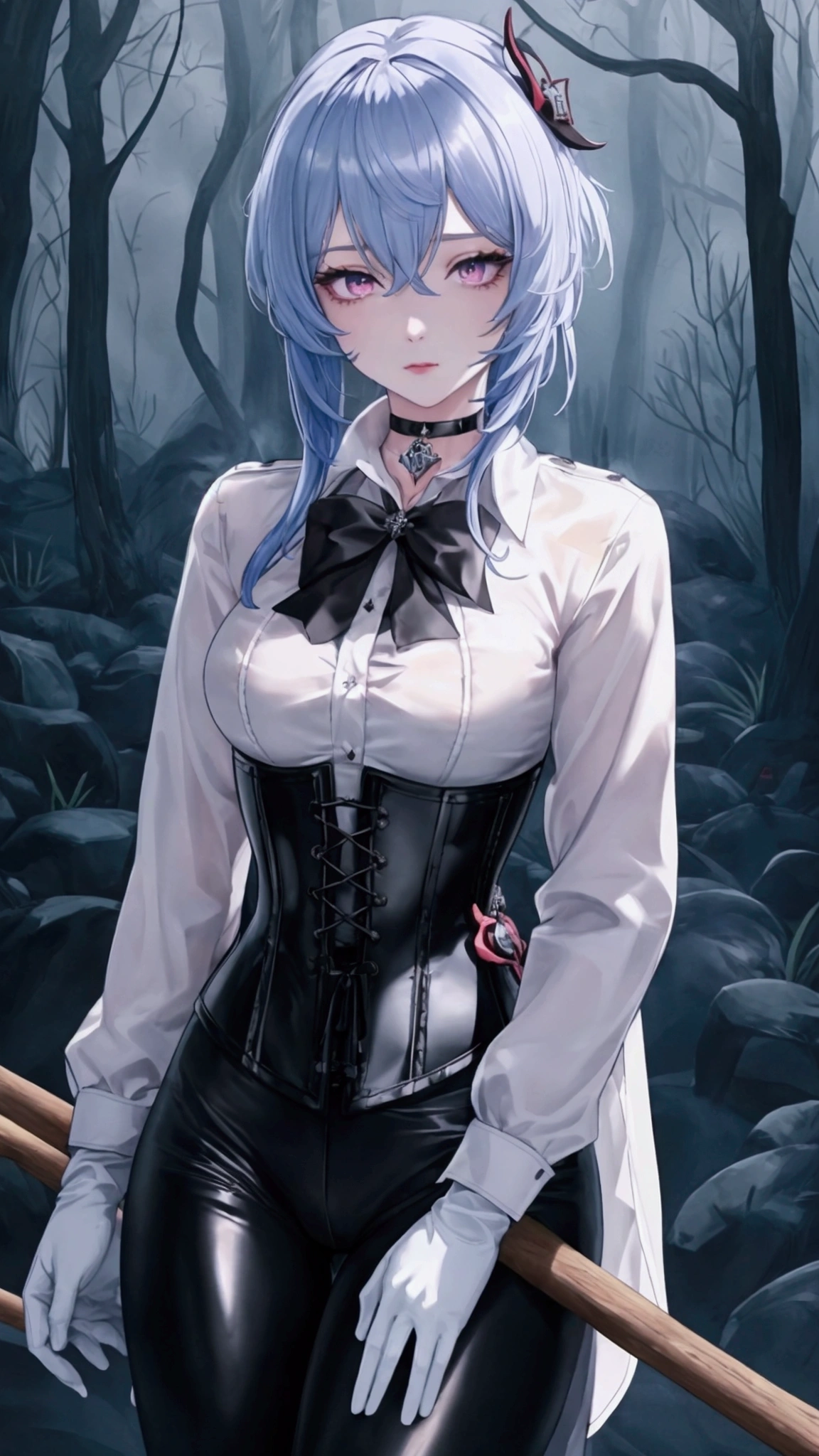 Masterpiece, Beautiful art, professional artist, 8k, sleeping expression, very detailed face, Detailed clothing, detailed fabric, 1 girl, Hiring, (genshin impact), View from the front, standing, perfectly drawn body, pale skin, shy expression, beautiful face, agregar cuernos de Hiring en la cabeza, Long sky blue hair, 4k eyes, very detailed eyes, pink cheeks, choker:1.6, (white long sleeve button down shirt with white collar), black gloves, gloves that cover hands, (holds an ax with his right hand), (black leather corset), (shiny black leggings), Sensual Lips, show details in the eyes, dark forest, at night, Atmosphere, fog