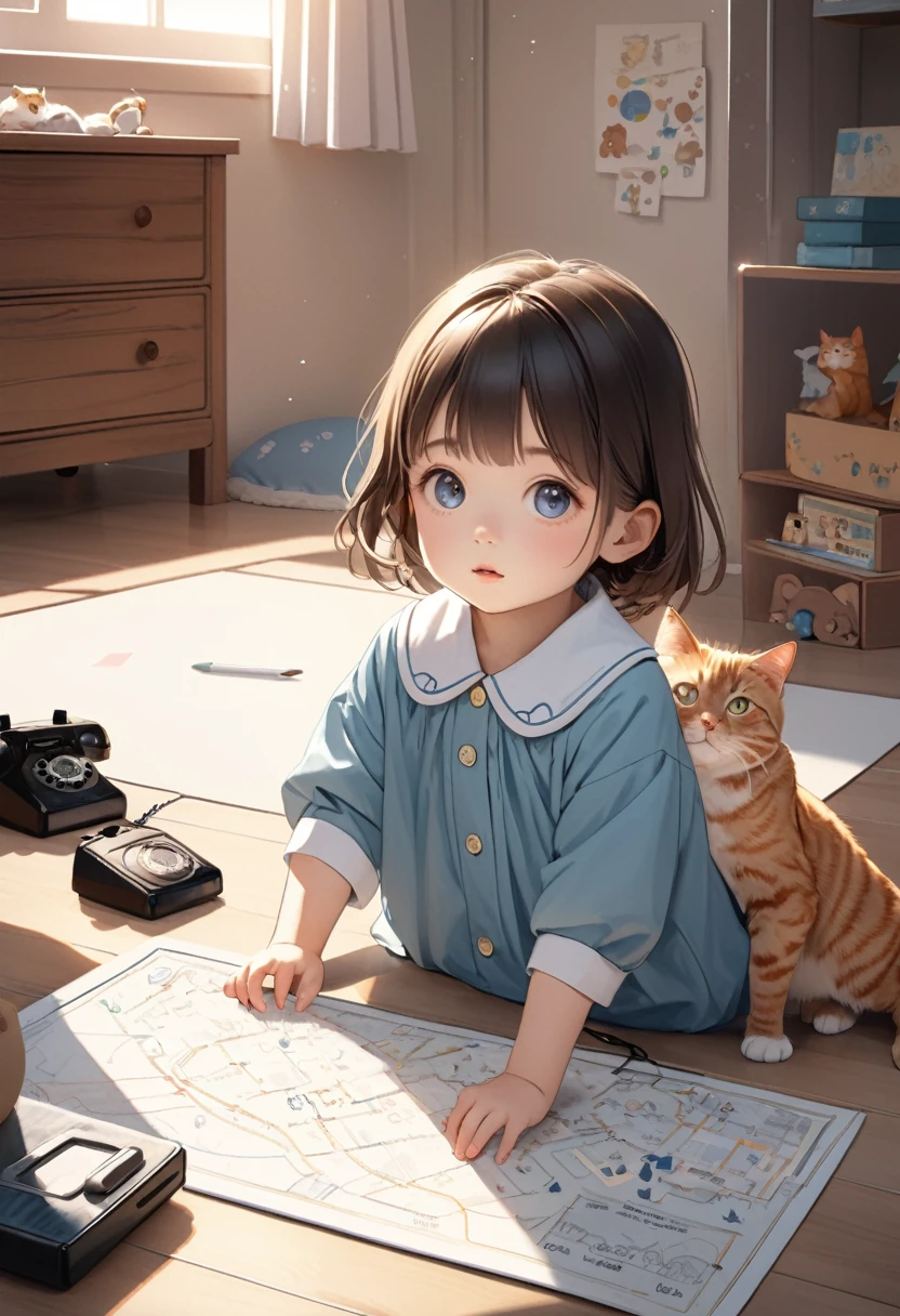(8K, best quality, master piece: 1.2),super high resolution,1 girl,12yo,solo,ultra-detailed face,deep detailed eyes,Brown hair,short hair,ベレー帽,kindergarten uniform smock,The girl is holding the receiver of a 1900s telephone in one hand and doodling on a piece of construction paper with three illustrations of cats in different positions, as well as dates and place names,rim light,messy children's room