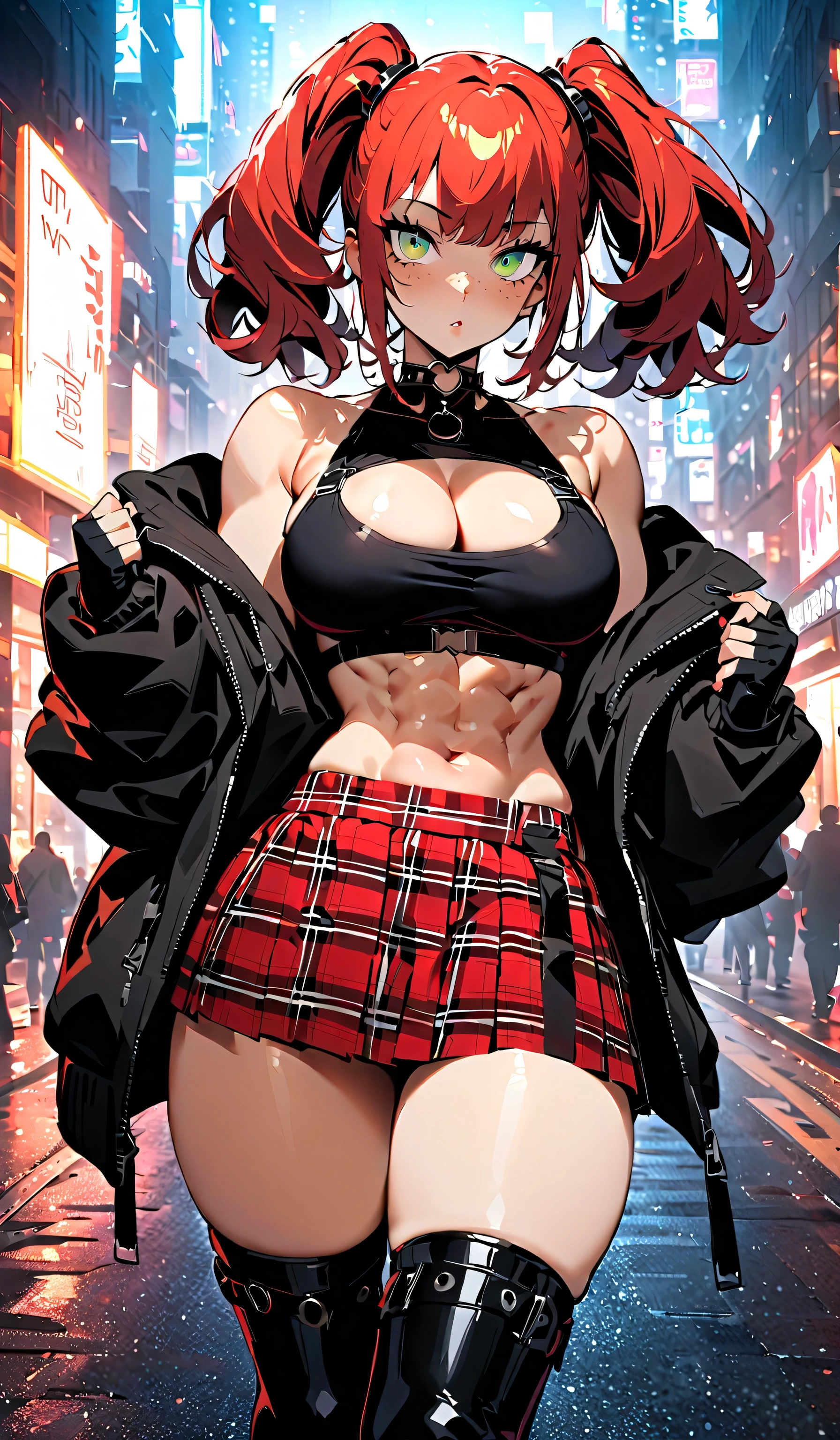 woman, curly red pixie cut hair, green eyes, wearing crop top black shirt, long black jacket, red plaid skirt, (black knee high boots), black fingerless gloves, exposed shoulders, large breasts, thick thighs, freckles, cleavage, abs, looking at viewer, masterpiece, best quality, an14, Holo-Punk Style, in the city