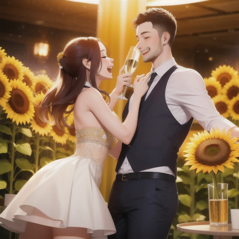 A couple celebrating a birthday in front of a champagne tower decorated with sunflowers at a cabaret club