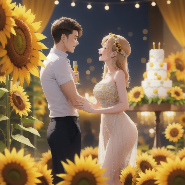 A couple celebrating a birthday in front of a champagne tower decorated with sunflowers at a cabaret club