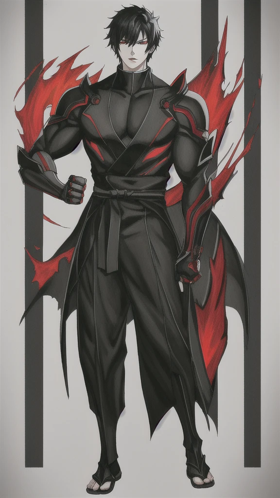 black hair with some red, red eyes, guy, anime main character, grown guy, wearing black gi, japanese, handsome, 1guy, soft smile, kind, empty white background