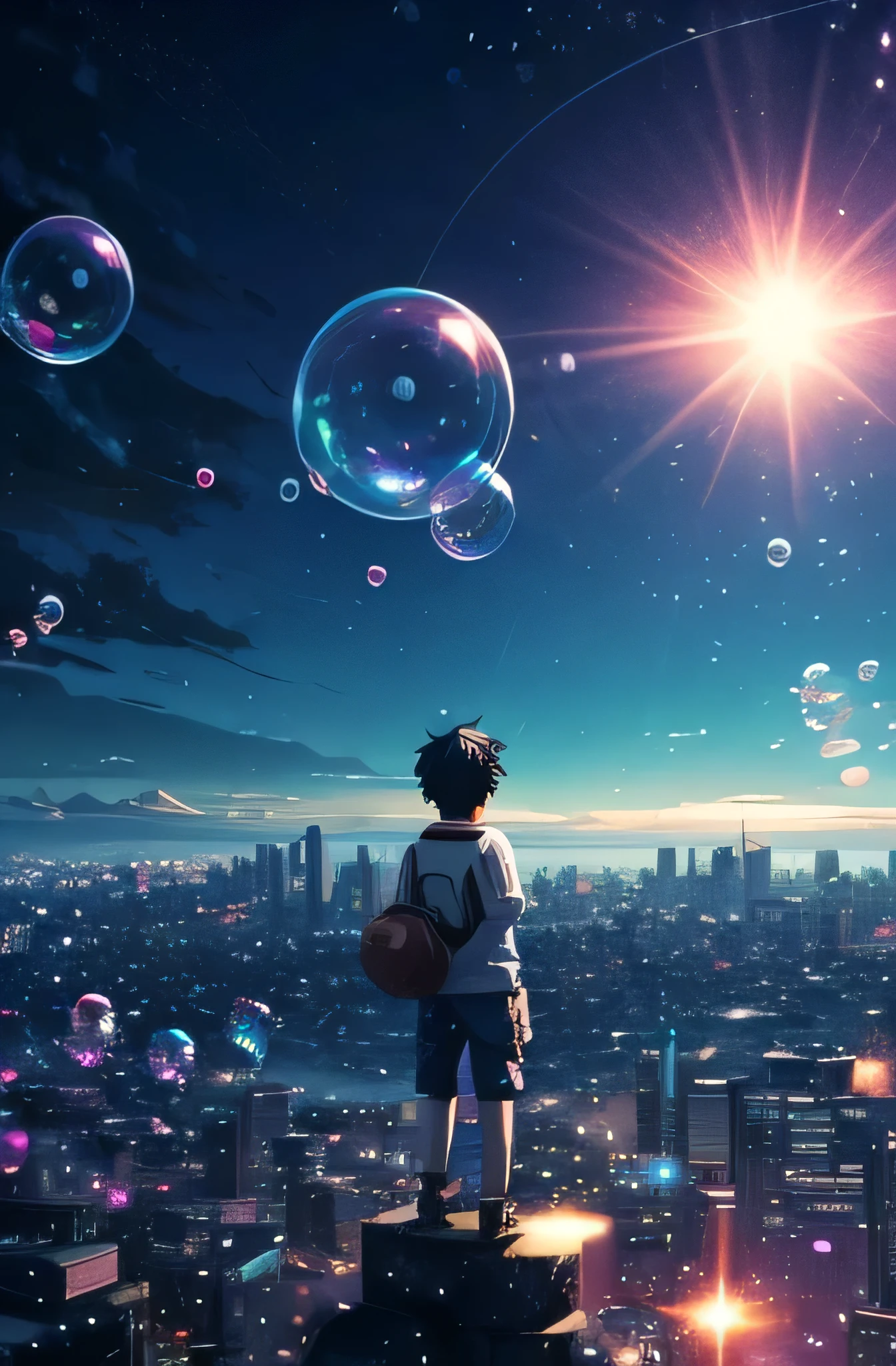 a boy standing in the middle of a city with bubbles floating in the air high detailed black hair, bubbly scenery, colorful anime movie background, floating bubbles, escaping air bubbles, anime background art, dreamy psychedelic anime, beautiful anime scene, beautiful anime scenery, anime background, bubbly underwater scenery, bubbles in the air.