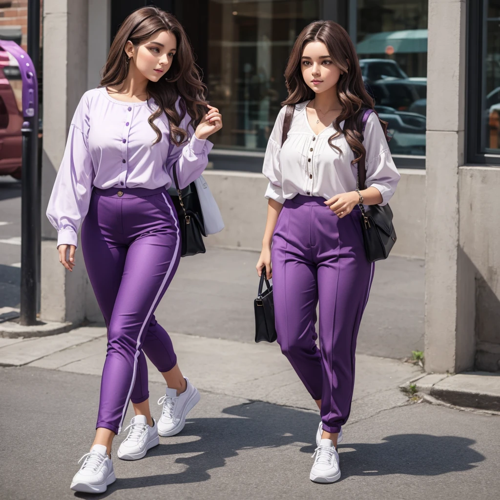 a girl with wavy brown hair, purple and white blouse, purple pants and white sneakers