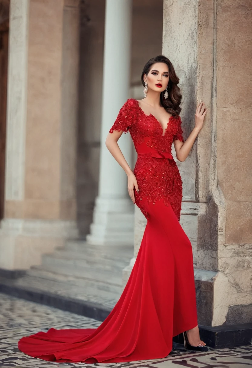 Beautiful woman, beautiful style, beautiful accessories, beautiful makeup, beautiful dress, full-length, red 