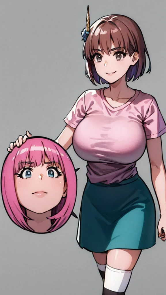 8K, RAW Photos, Highest quality, masterpiece, Realistic, Detailed face, Detailed skin, Warm color temperature, (Simple gray background:1.1), Beautiful Japanese Girl, (short hair:1.1), Asymmetrical bangs, Light brown hair, Full Body Shot, Front view, (One Girl:1.2), (Low length:1.1), height: 148cm, , skinny, (Light blue ruffled micro skirt:1.2), (Pink t-shirt for girls with a unicorn illustration:1.2), (Striped knee socks:1.2), Huge breasts, Fake breasts, smile