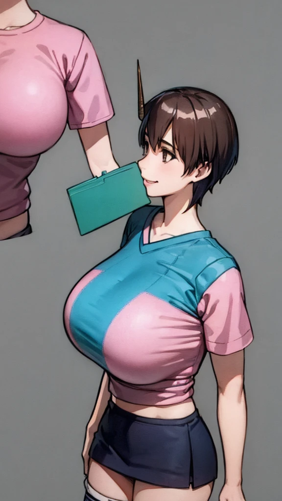 8K, RAW Photos, Highest quality, masterpiece, Realistic, Detailed face, Detailed skin, Warm color temperature, (Simple gray background:1.1), Beautiful Japanese Girl, (short hair:1.1), Asymmetrical bangs, Light brown hair, Full Body Shot, Front view, (One Girl:1.2), (Low length:1.1), height: 148cm, , skinny, (Light blue ruffled micro skirt:1.2), (Pink t-shirt for girls with a unicorn illustration:1.2), (Striped knee socks:1.2), Huge breasts, Fake breasts, smile
