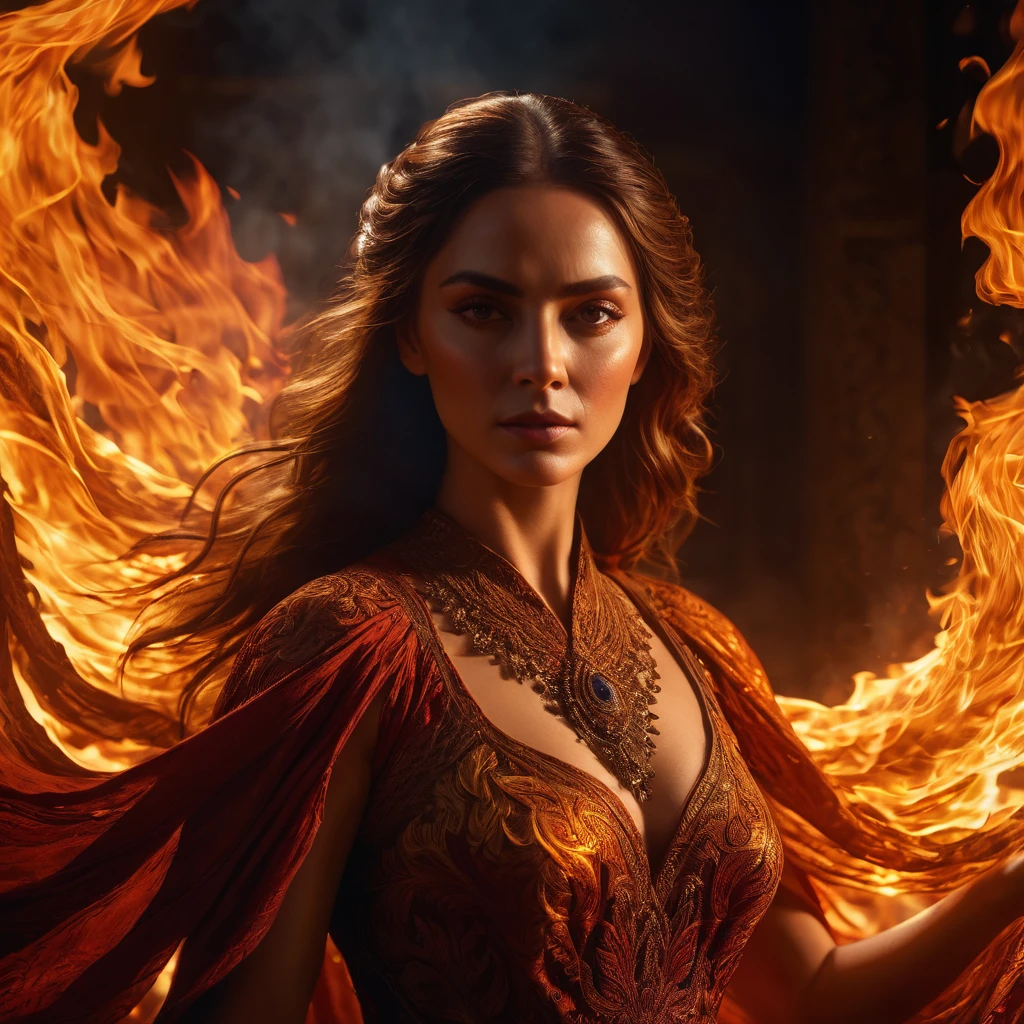 a woman in the fire, cinematic, 8k, hyperrealistic, volumetric lighting, intricate details, dramatic chiaroscuro, intense warm colors, deep shadows, highly detailed face and eyes, flowing dress, dynamic pose, dramatic atmosphere, epic scale, masterpiece