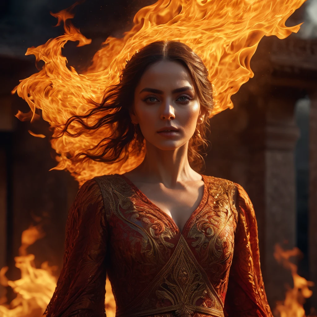 a woman in the fire, cinematic, 8k, hyperrealistic, volumetric lighting, intricate details, dramatic chiaroscuro, intense warm colors, deep shadows, highly detailed face and eyes, flowing dress, dynamic pose, dramatic atmosphere, epic scale, masterpiece