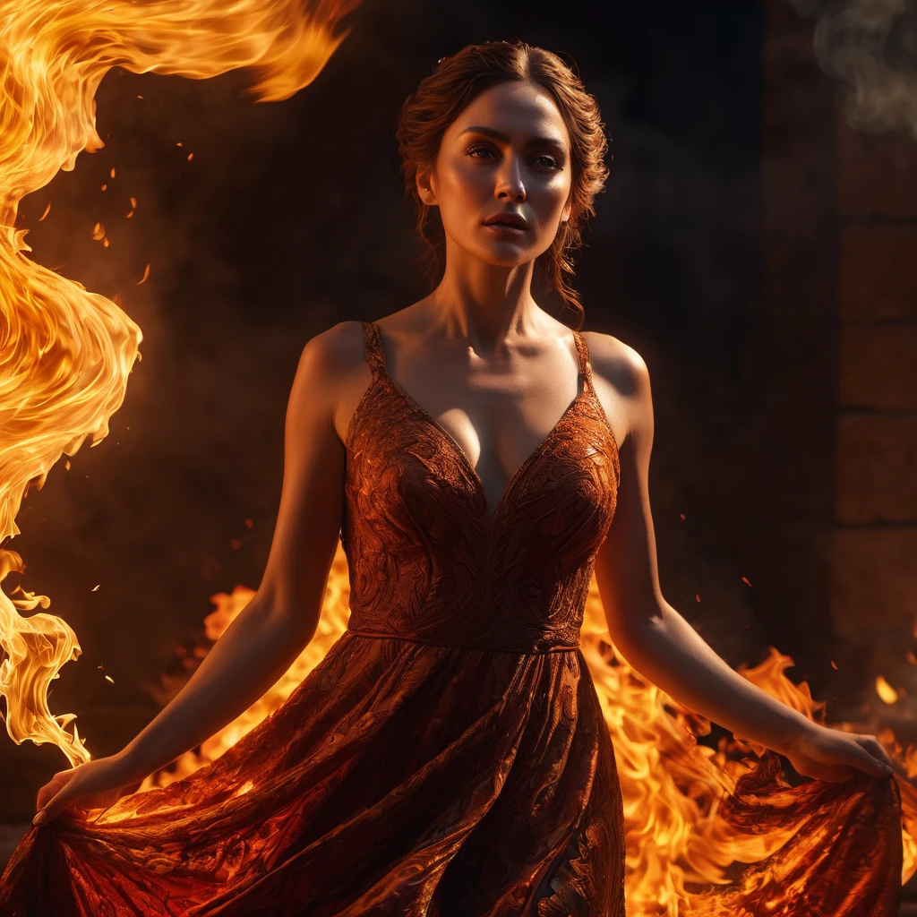 a woman in the fire, cinematic, 8k, hyperrealistic, volumetric lighting, intricate details, dramatic chiaroscuro, intense warm colors, deep shadows, highly detailed face and eyes, flowing dress, dynamic pose, dramatic atmosphere, epic scale, masterpiece