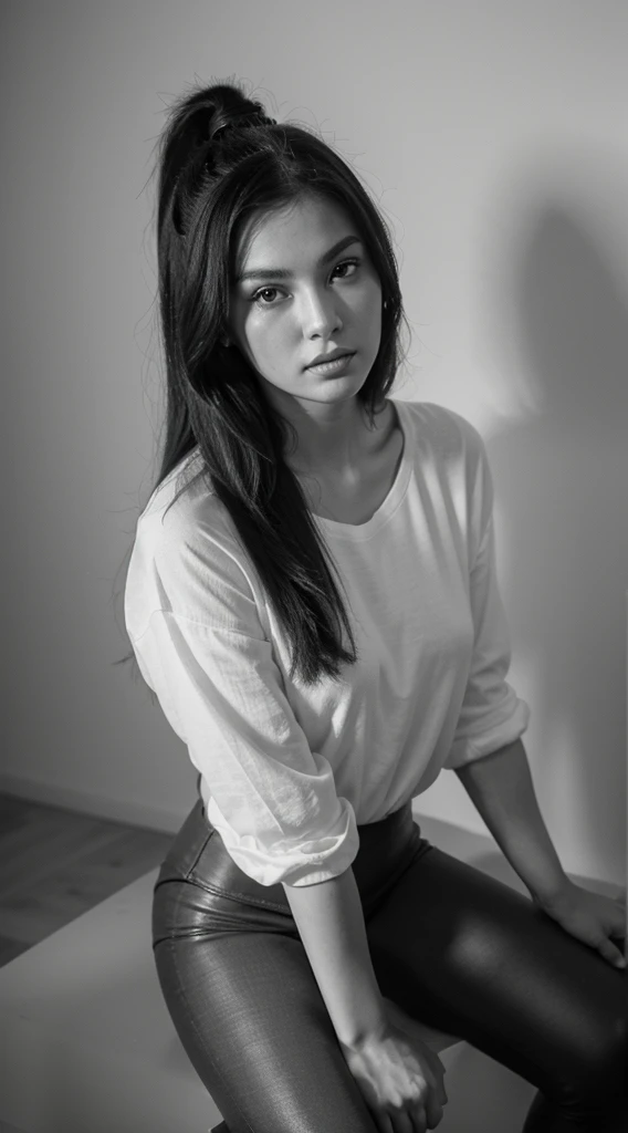 16K, Hyper-realistic quality, work of art, 1 girl, Chinese girl, The girl looks like Linda Evangelista in her youth, ((portraite)), Model until anerexic, long straight dark hair, Hair develops,  jump high, camisa preta oversized, elbow rolled up sleeves, Gola V, legging preta, stone decorations on the neck, White studio photography, fashion shooting, softshadows, monochrome photography, grain, photographic quality, cinematic quality.