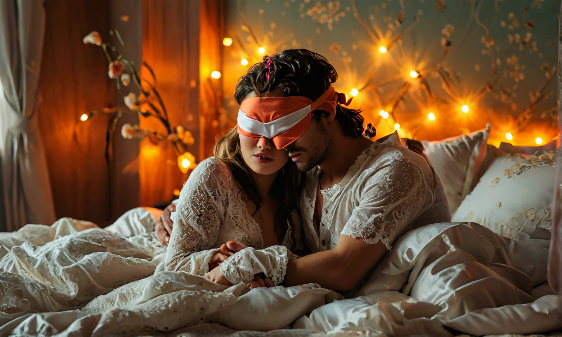 a blindfolded couple on a bed