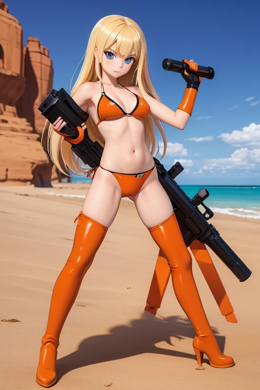 Perfect Anatomy Highest quality,Highest Resolution,(((Dark orange bikini Thigh-high boots))) Metal Max 2:Reloaded Mishka Rocket Launcher Blonde long hair Blue Eyes D Cup 20-year-old end of the century desert athletic Warrior cool
