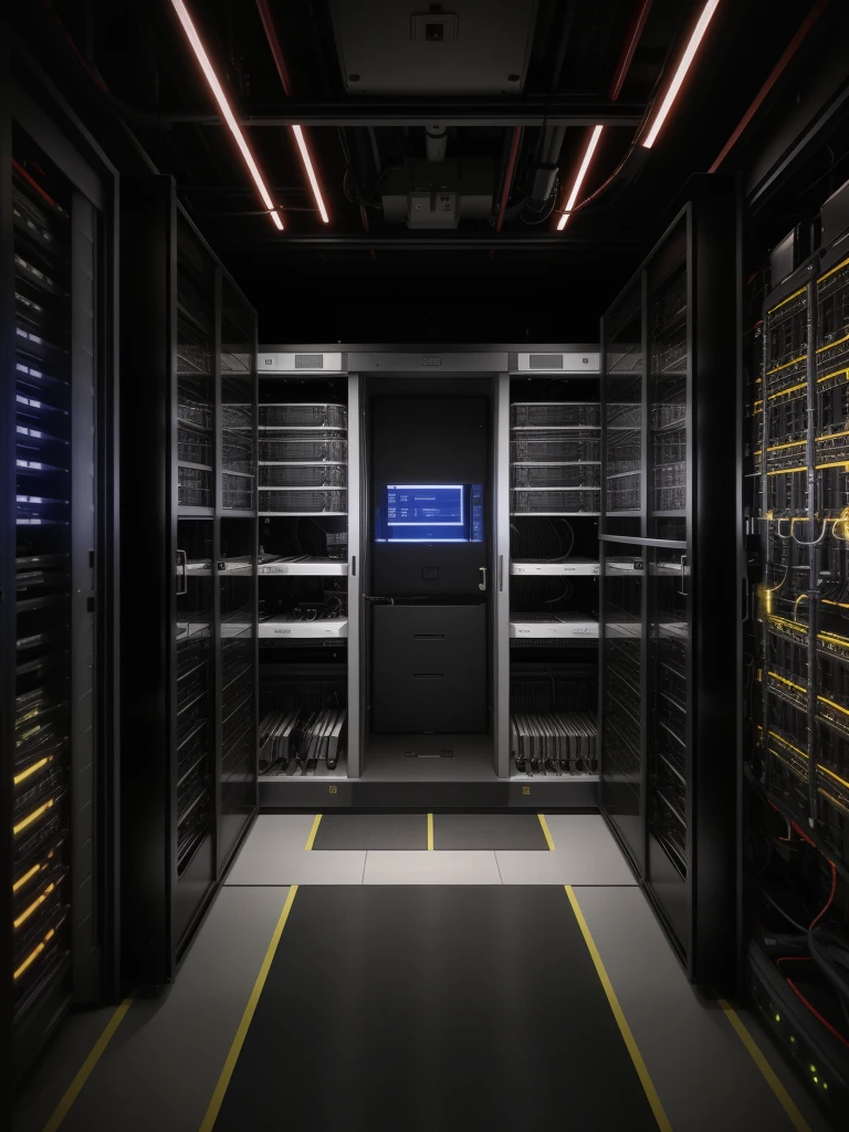 a server room filled with super expensive equipment a server hacker's room and cables connecting the server worthy of a hacker's hideout...large panels with LEDs showing whether the servers are operating and the room is completely dark with little lighting and high quality to be realistic, identical to real life