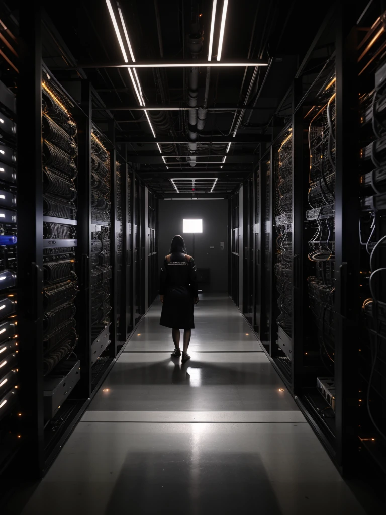 a server room filled with super expensive equipment a server hacker's room and cables connecting the server worthy of a hacker's hideout...large panels with LEDs showing whether the servers are operating and the room is completely dark with little lighting and high quality to be realistic, identical to real life