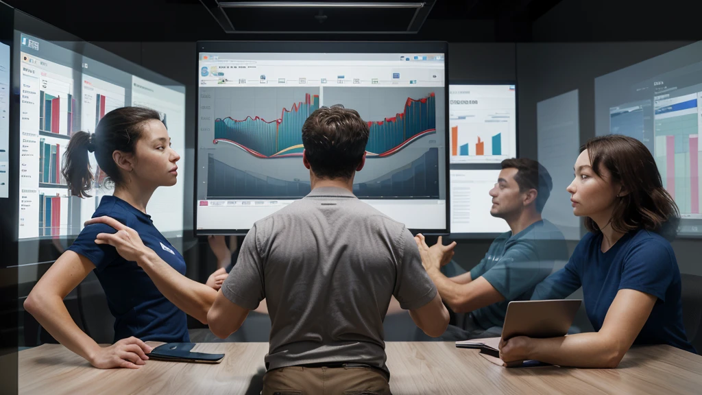 (Very Realistic):1.5 Company employees in a meeting room discussing, perfect anatomy, hidden hands, Graphs on a screen, 8k, HD