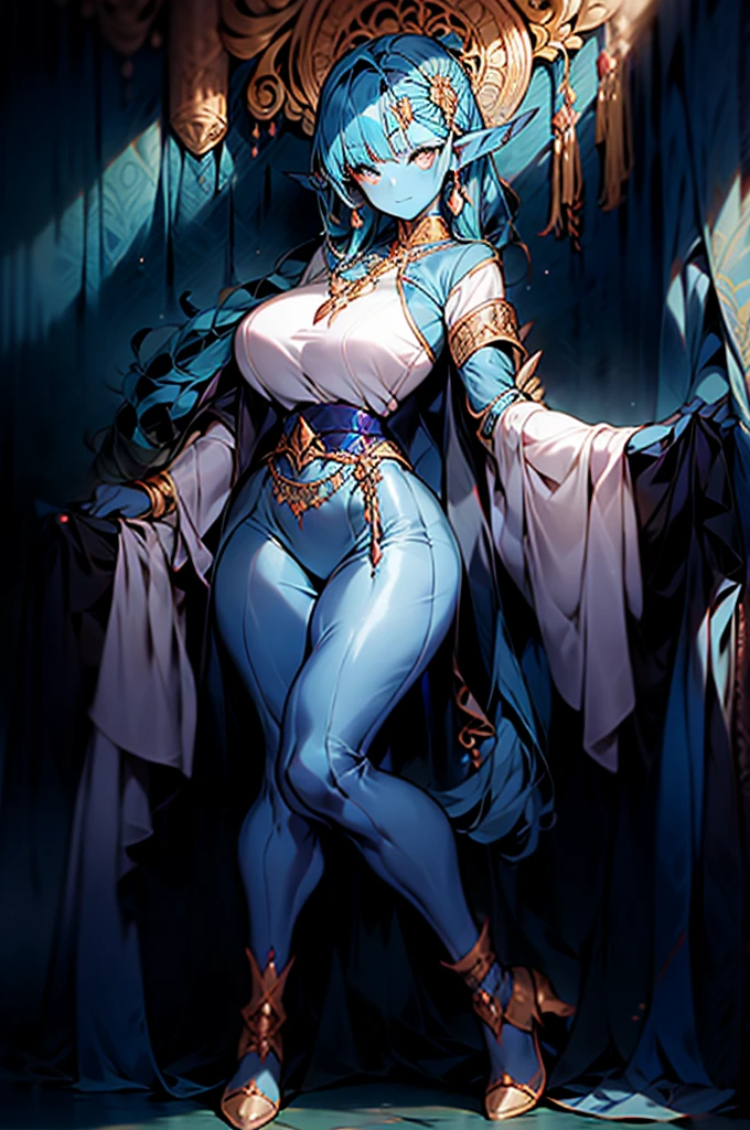 (Masterpiece, best quality, official art, 8K, high resolution), HD image, ultra-detailed, a cartoon image of a Sky Blue Skinned female Djinn with blue hair and blue eyes, a chain around her neck, Human Hybrid Djinn, (((((Her sky blue skin))))), skin genie girl sky blue, alone, Krenz Cushart and Artgerm, aesthetics!!!!!!, female genius, she is huge, beautiful girl genius, a celestial appearance, eyes are large and expressive, ((deep blue eyes)), exotic eyes, detailed eyes, long blue hair, wavy and flowing, wears an exotic outfit, (((She wears a white top adorned with sparkling jewels, her skirt is long and flowing, made of lightweight silk, with layers that move gracefully with each step))), the skirt is decorated with intricate embroidery in silver and gold, waist sash decorated with precious stones, artgerm style, Water Elemental Woman, Goddess Inanna, The Greek goddess Afrotita, aesthetic!!!!!!, (1 Female Genie Djinn), (Big Breasts), Beautiful Genie, Evil Goddess, Djinn Character, ideal body proportion, ((Detailed Body)), mega detailed sensual body, perfect goddess body, Cuffs with Hanging Chains, Colorful Concept Art, Spiritual Fantasy Concept Art, female genie, (blue hair), Sky blue skin, Djinn girl, wearing white top, wearing white skirt, (Sky Blue Skinned Elf-Djinn).