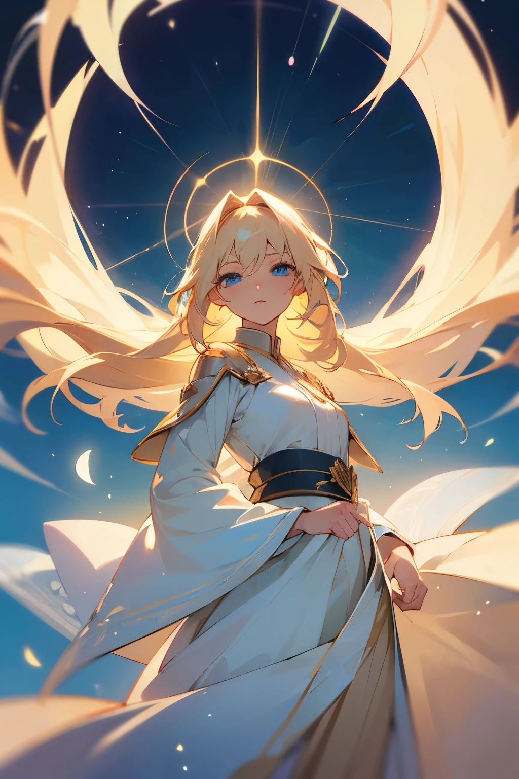 ((best quality)), ((masterpiece)), (detailed), female, soft, light complexion, regal, striking blue eyes, bleach blonde hair, celestial deity, beautiful flowy outfit, grown, not young