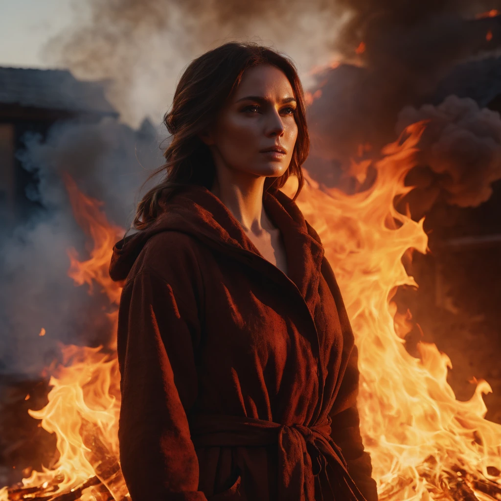 woman in the fire, cinematic, HD, 8k, dramatic atmosphere