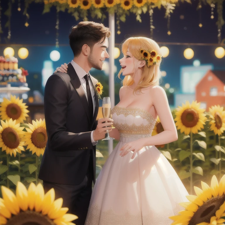 A couple celebrating a birthday in front of a gorgeous champagne tower decorated with sunflowers at a cabaret club