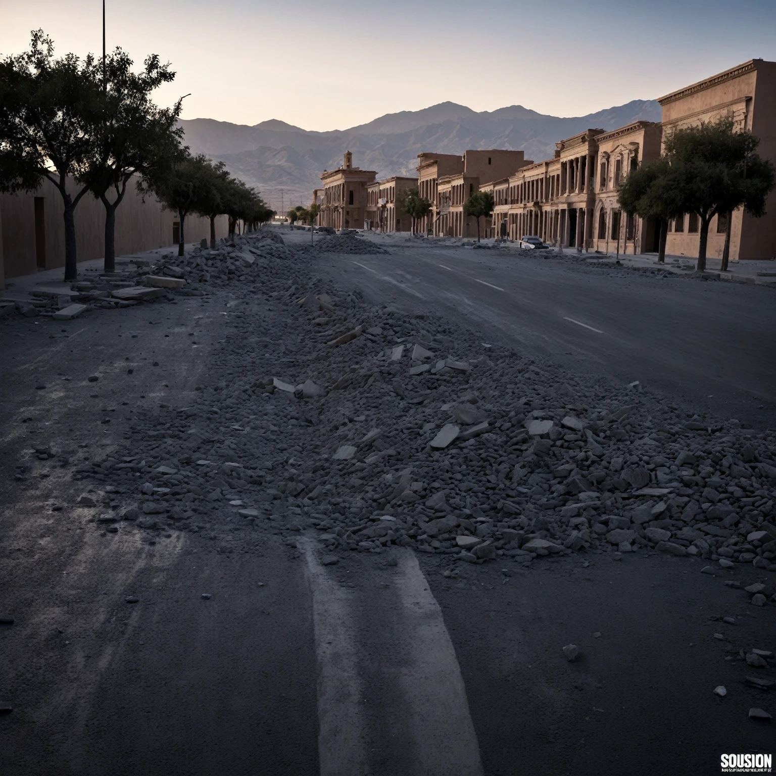 paisaje, scenario, sin humanos, building, wide plan, semi-realistic, work of art, sharp focus, ultra detaild, absurderes, high resolution, dynamic lighting, collapse, dusty, asphalt