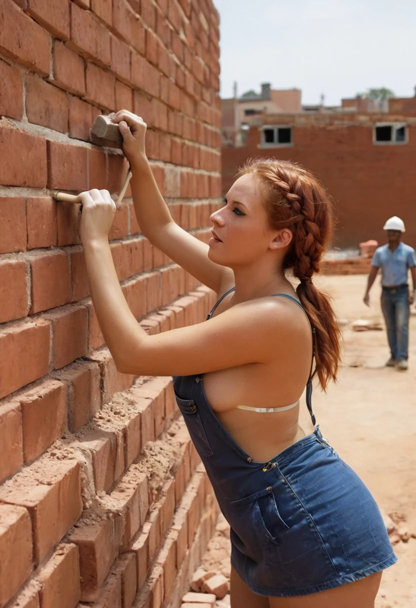 21 year old redhead woman braids her hair create workers are building a brick wall in a construction site, bright construction materials, workers, brick, construction, bricks, journalism photo, red bricks, building blocks, working hard, craftsmanship, illustration, built on a small, by Rodolfo Morales, walls are made of dry wall, by Rodolfo Amoedo, construction site, instagram post, instagram photo