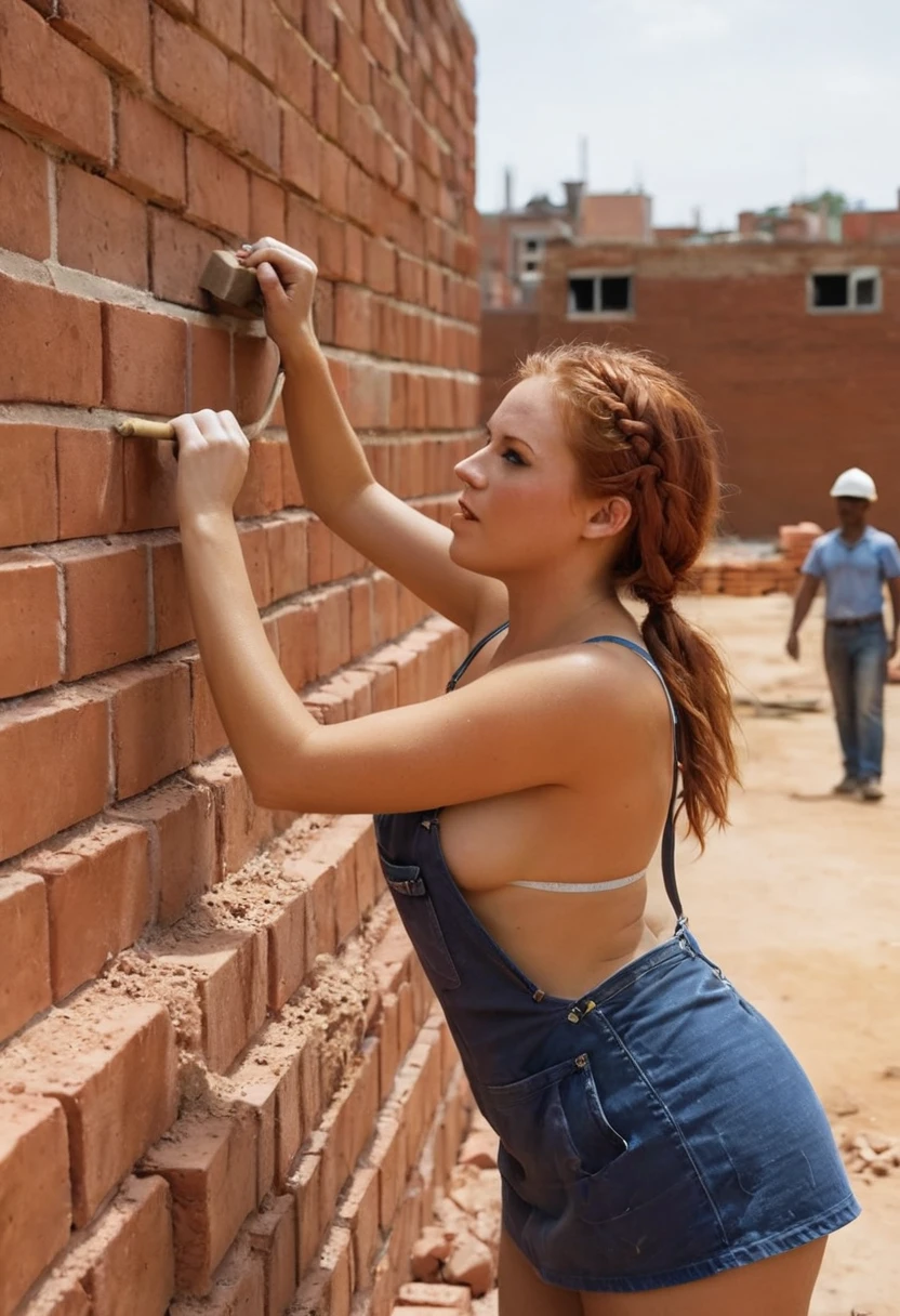 21 year old redhead woman braids her hair create workers are building a brick wall in a construction site, bright construction materials, workers, brick, construction, bricks, journalism photo, red bricks, building blocks, working hard, craftsmanship, illustration, built on a small, by Rodolfo Morales, walls are made of dry wall, by Rodolfo Amoedo, construction site, instagram post, instagram photo
