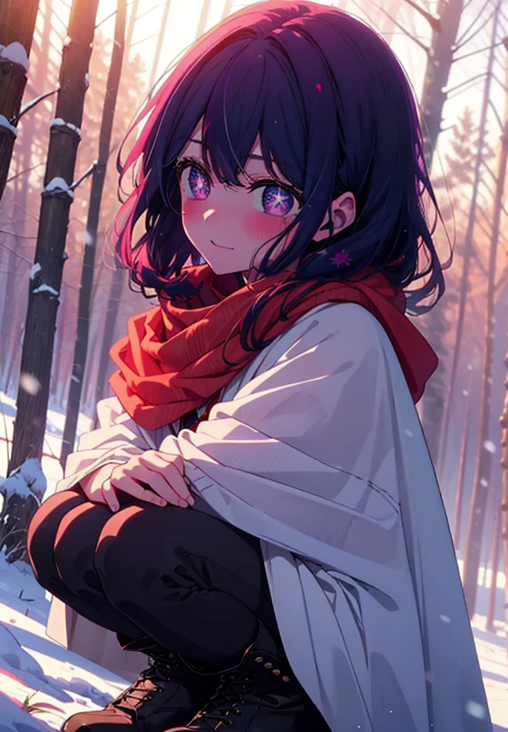 aihoshino, Ai Hoshino, Long Hair, bangs, (Purple eyes:1.1), Purple Hair, (Symbol-shaped pupil:1.5), smile,,smile,blush,White Breath,
Open your mouth,snow,Ground bonfire, Outdoor, boots, snowing, From the side, wood, suitcase, Cape, Blurred, , forest, White handbag, nature, Squat, Mouth closed, Cape, winter, Written boundary depth, Black shoes, red Cape break looking at viewer, Upper Body, whole body, break Outdoor, forest, nature, break (masterpiece:1.2), Highest quality, High resolution, unity 8k wallpaper, (shape:0.8), (Beautiful and beautiful eyes:1.6), Highly detailed face, Perfect lighting, Highly detailed CG, (Perfect hands, Perfect Anatomy),