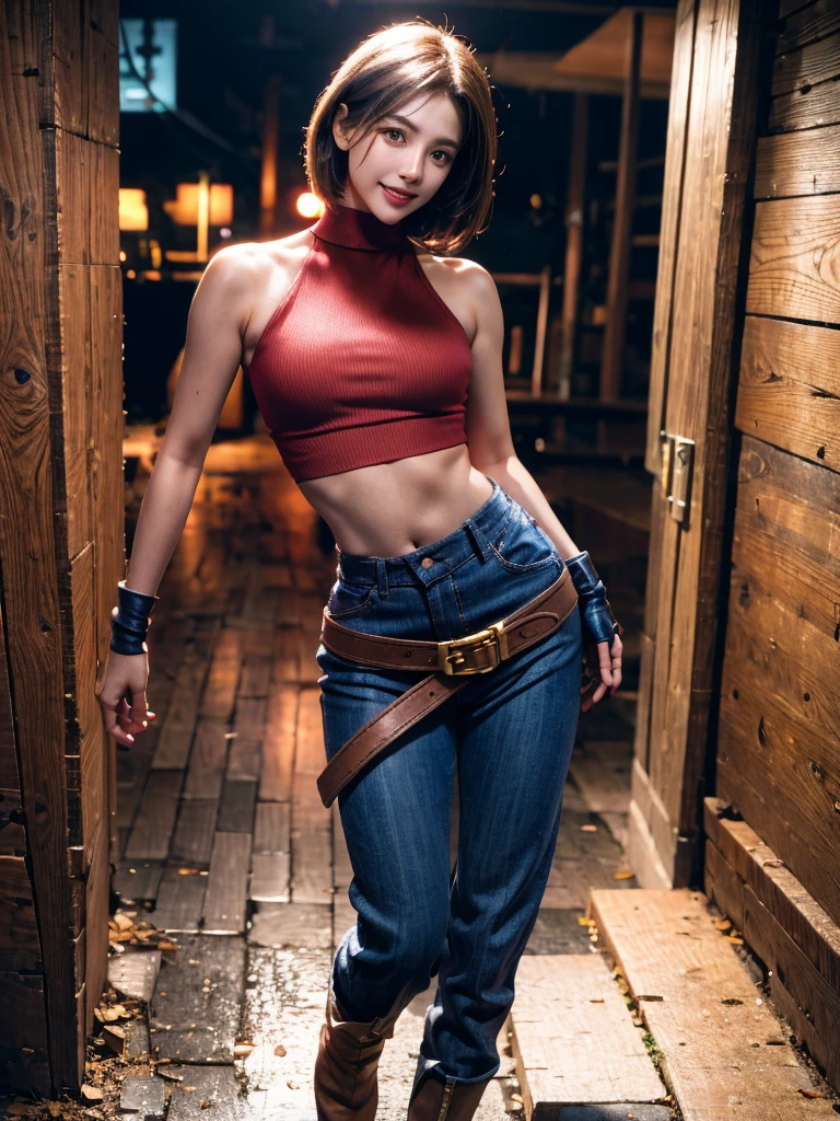 30 year old woman, alone, athletic, by the semi-cut ruby, she is wearing a tight red crop top, he wears blue jogger pants, has two belts, one small and the other a large belt hanging from his brown waist., wears blue fingerless gloves , he wears brown boots, smile at the viewer, points at the viewer, There is a little brown dog with white spots with her, high resolution, absurd, intricate, sharp focus, a New York alley in the background, Best Quality, Masterpiece, high resolution, Perfect picture, Very detailed, High contrast, Digital colors, simple, medium shot, cinematographic, ultra sharp focus, award-winning photography, perFect contrast, high sharpness, depth of field, ultra detailed photography, global illumination, fluid, ultra high definition, 8k, unreal engine 5, ultra-sharp focus, award-winning photography, Art Season Trends,