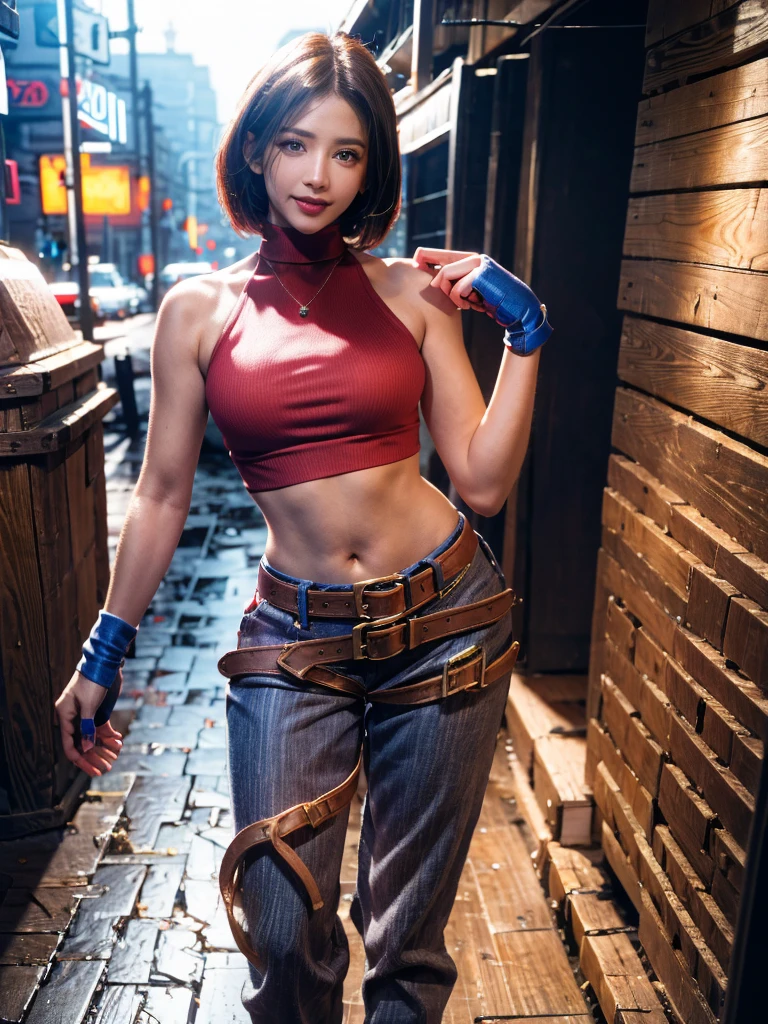 30 year old woman, alone, athletic, by the semi-cut ruby, she is wearing a tight red crop top, he wears blue jogger pants, has two belts, one small and the other a large belt hanging from his brown waist., wears blue fingerless gloves , he wears brown boots, smile at the viewer, points at the viewer, There is a little brown dog with white spots with her, high resolution, absurd, intricate, sharp focus, a New York alley in the background, Best Quality, Masterpiece, high resolution, Perfect picture, Very detailed, High contrast, Digital colors, simple, medium shot, cinematographic, ultra sharp focus, award-winning photography, perFect contrast, high sharpness, depth of field, ultra detailed photography, global illumination, fluid, ultra high definition, 8k, unreal engine 5, ultra-sharp focus, award-winning photography, Art Season Trends,