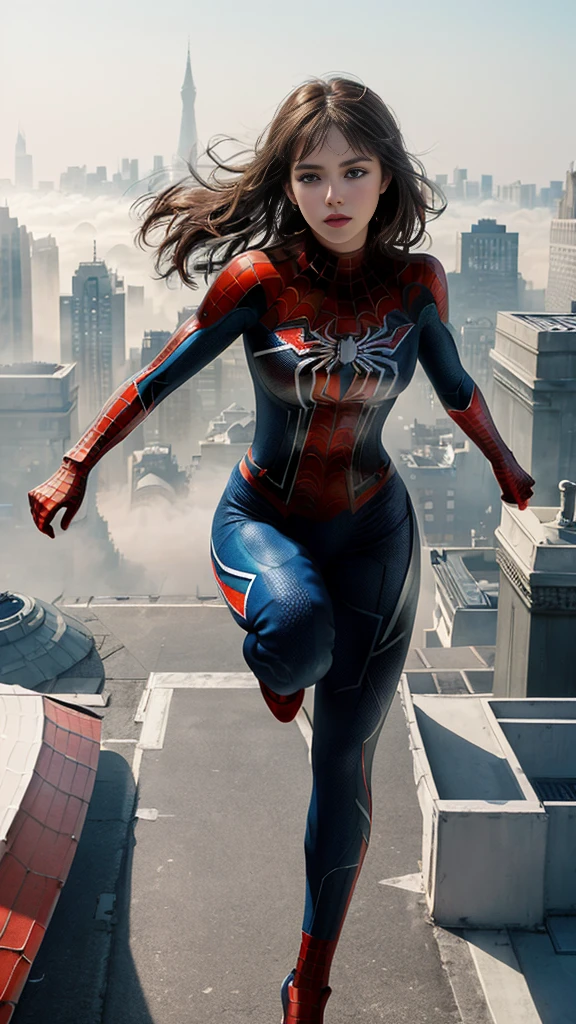 full body, (1girl:1.3), Solo, (((Very detailed face)))), ((Very detailed eyes and face)))), Beautiful detail eyes, Body parts__, Official art, Unified 8k wallpaper, Super detailed, beautiful and beautiful, beautiful, masterpiece, best quality, original, masterpiece, super fine photo, best quality, super high resolution, realistic realism, sunlight, half body, amazing beauty, allured chest, hips, legs, dynamic (running) pose, delicate face, vibrant eyes, (from the front), looking at camera, She wears Spider-Man suit bikini, red and black color scheme, spider, very detailed city roof background, rooftop, overlooking the city, detailed face, detailed complex busy background, messy, gorgeous, milky white, highly detailed skin, realistic skin details, visible pores, clear focus, volumetric fog, 8k uhd, DSLR, high quality, film grain, fair skin, photo realism, lomography, futuristic dystopian megalopolis, translucent