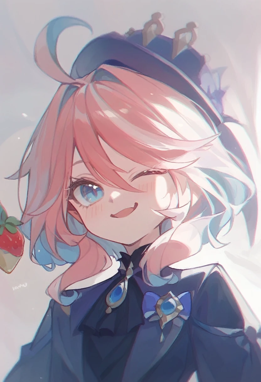 Furina, portrait, strawberry jam on her face, winking